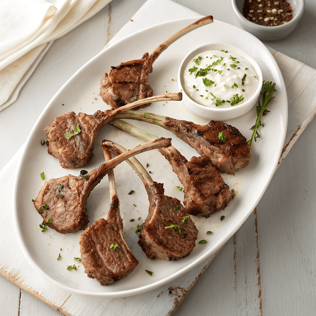 Full platter of grilled lamb lollipops with charred edges and herbs