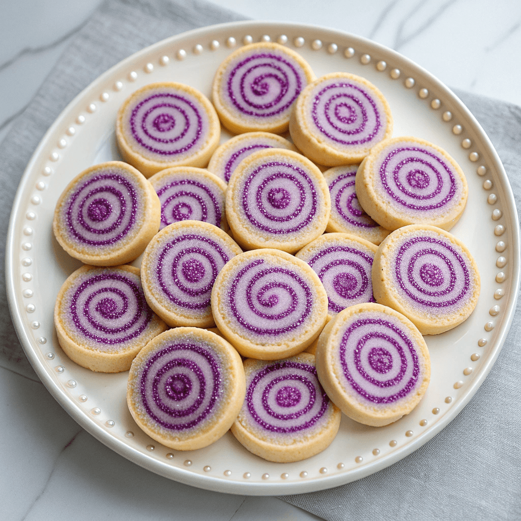 Full plate of magical spiral cookies with purple and blue swirls