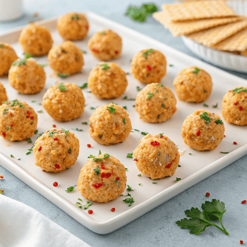 Mini pimento cheese balls on a white plate with cracker toppers