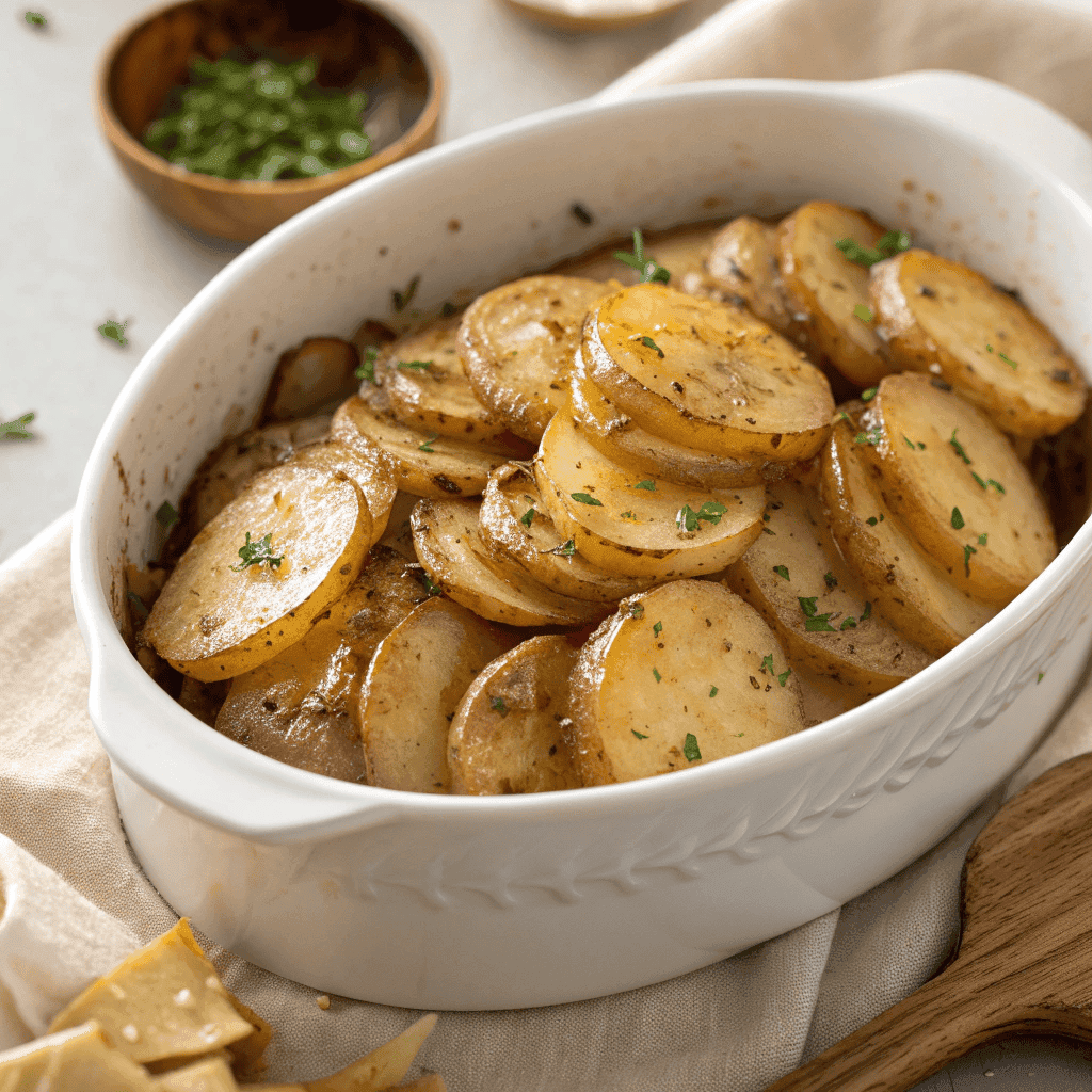 Whole bowl of slow cooker Lipton onion potatoes with buttery onion seasoning