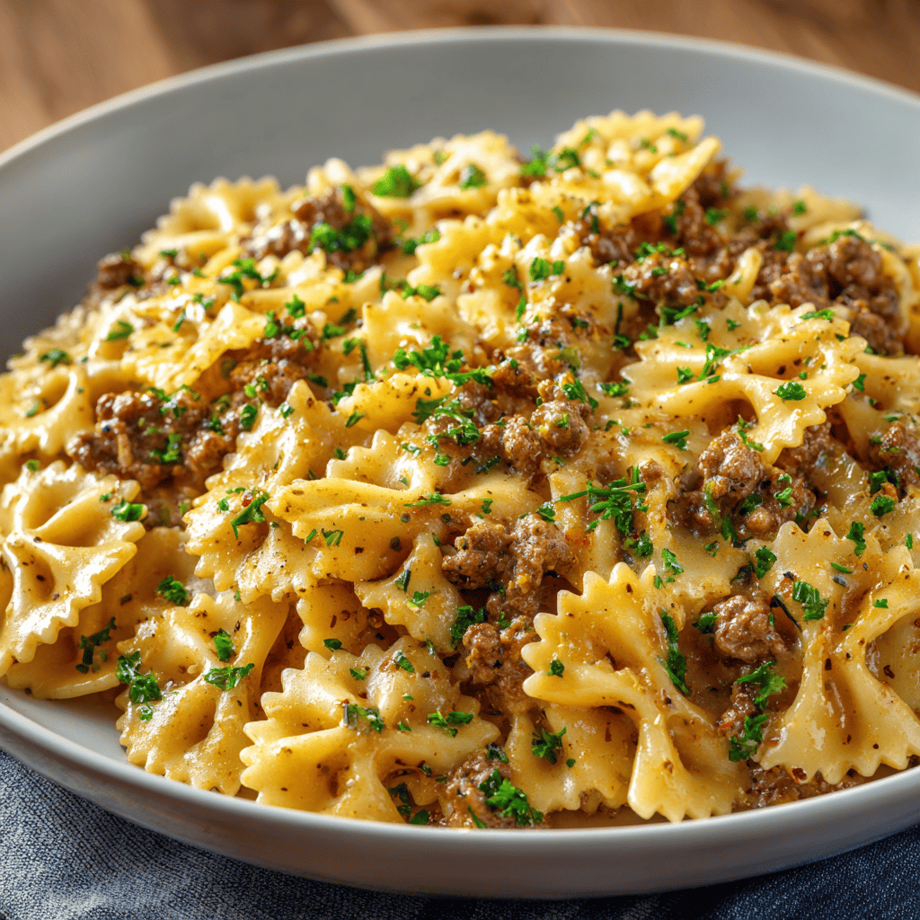 Creamy Garlic Butter Beef Bowtie Pasta Recipe 4 cheesy garlic butter bowtie pasta with ground beef and parsley on plate