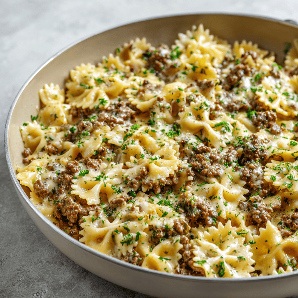 Creamy Garlic Butter Beef Bowtie Pasta Recipe 2 garlic butter beef bowtie pasta in pan with creamy sauce and parsley