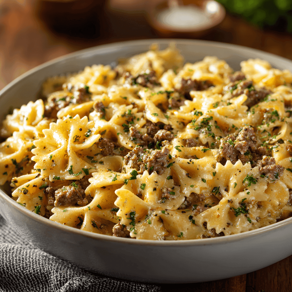 Creamy Garlic Butter Beef Bowtie Pasta Recipe 1 angled shot of cheesy garlic butter bowtie pasta with ground beef