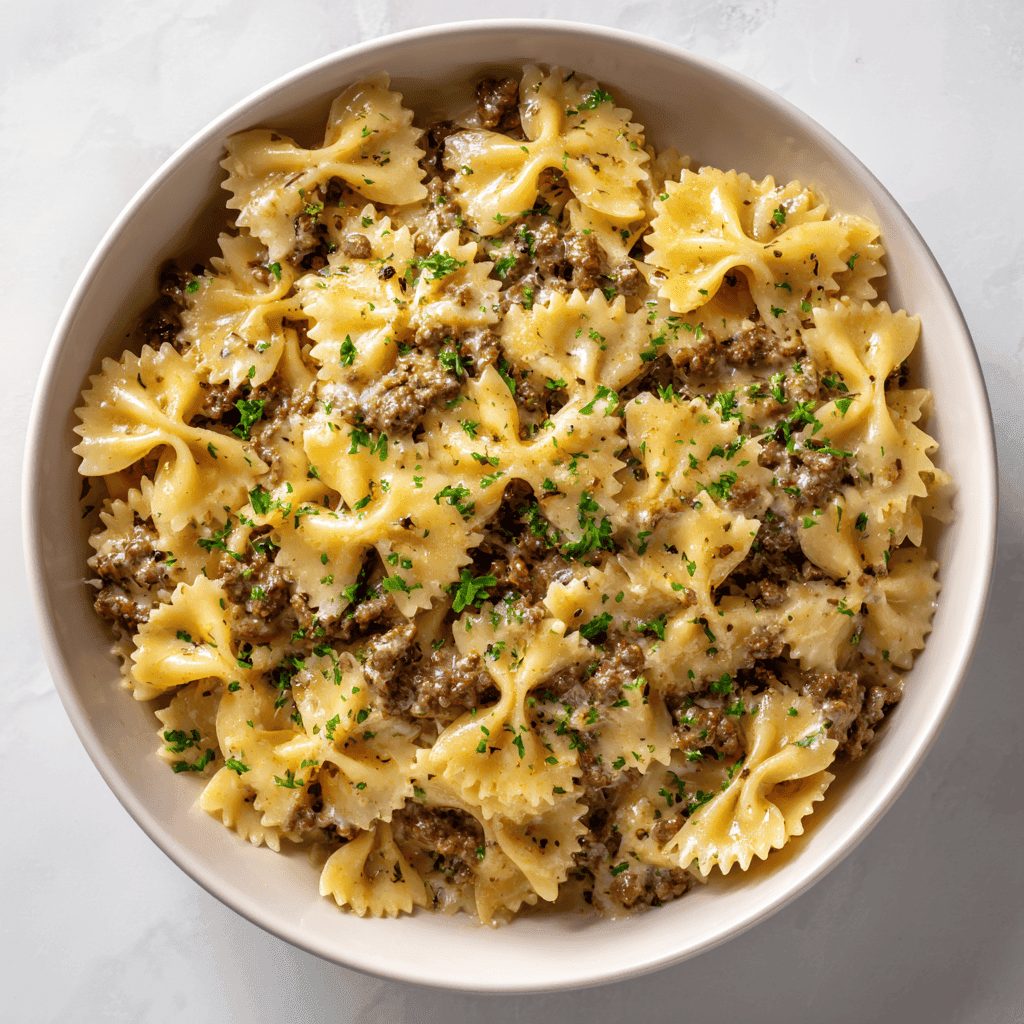 Creamy Garlic Butter Beef Bowtie Pasta Recipe 3 finished garlic butter beef bowtie pasta with creamy cheese sauce and parsley