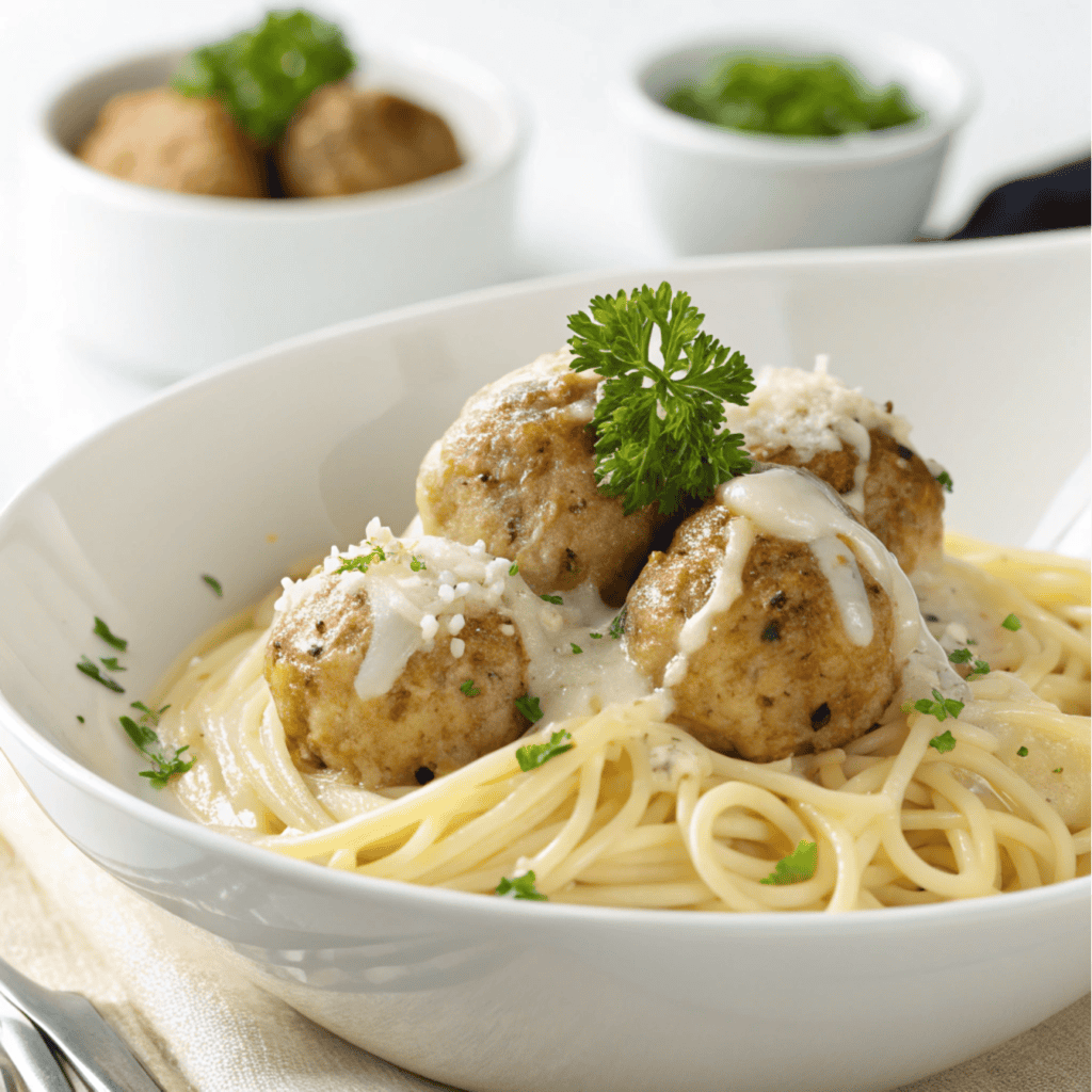 Garlic Butter Meatballs With Creamy Parmesan Pasta 1 Creamy Parmesan pasta with garlic butter meatballs and parsley served in a white bowl.