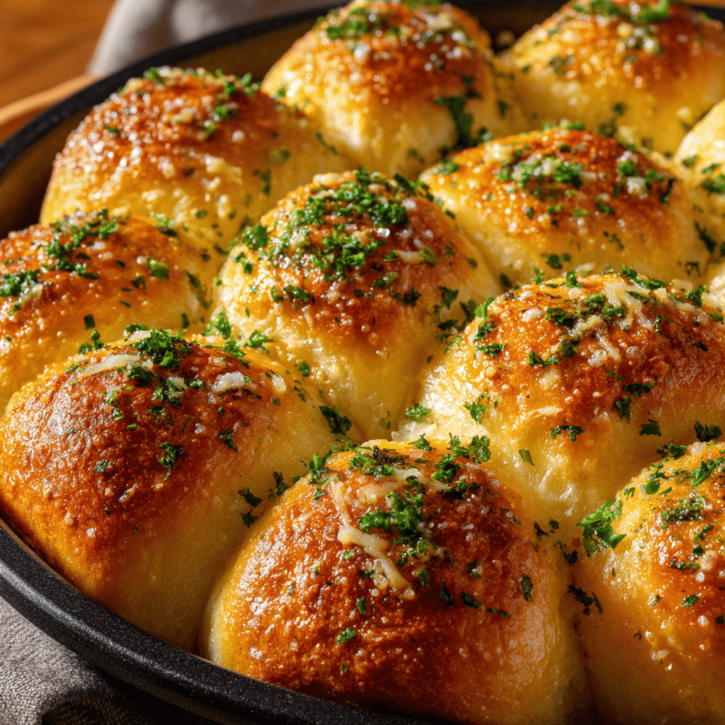 Soft golden garlic parmesan rolls with buttery herb topping under warm natural light.