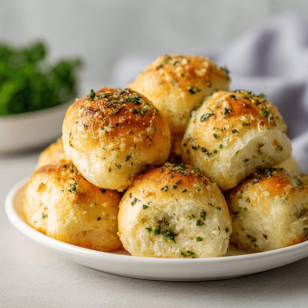 Golden garlic parmesan rolls served on a white plate showing soft texture and buttery tops.