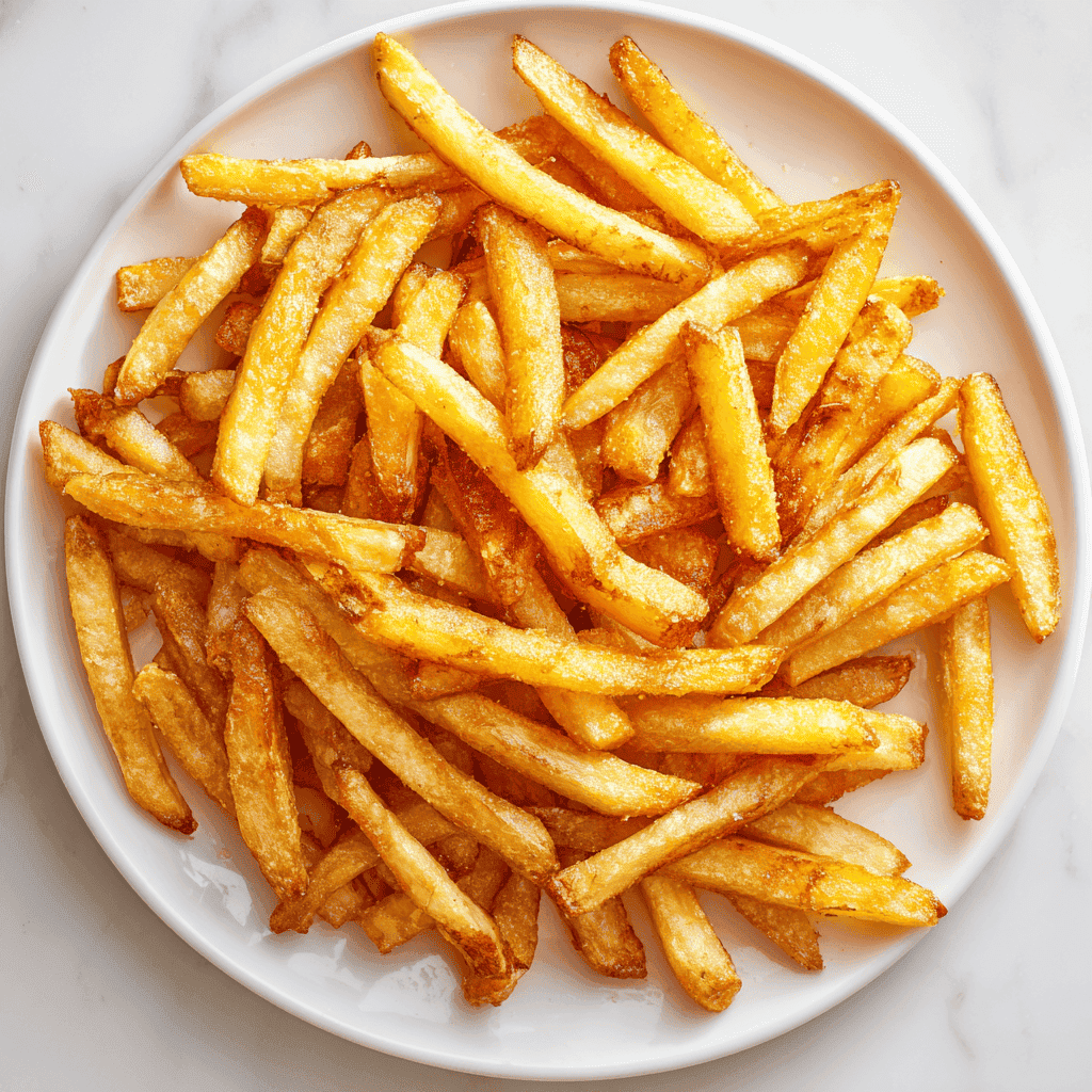 Golden, crispy Gordon Ramsay–style French fries piled on a clean white plate.