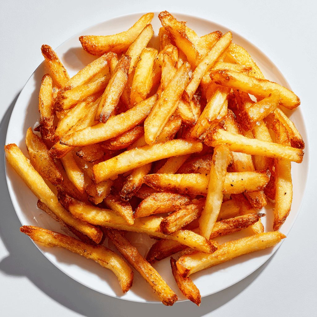Golden crispy French fries served neatly on a white plate for instructional food styling.