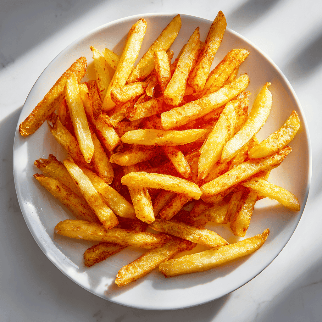 Crispy golden French fries on a white plate under warm natural light.