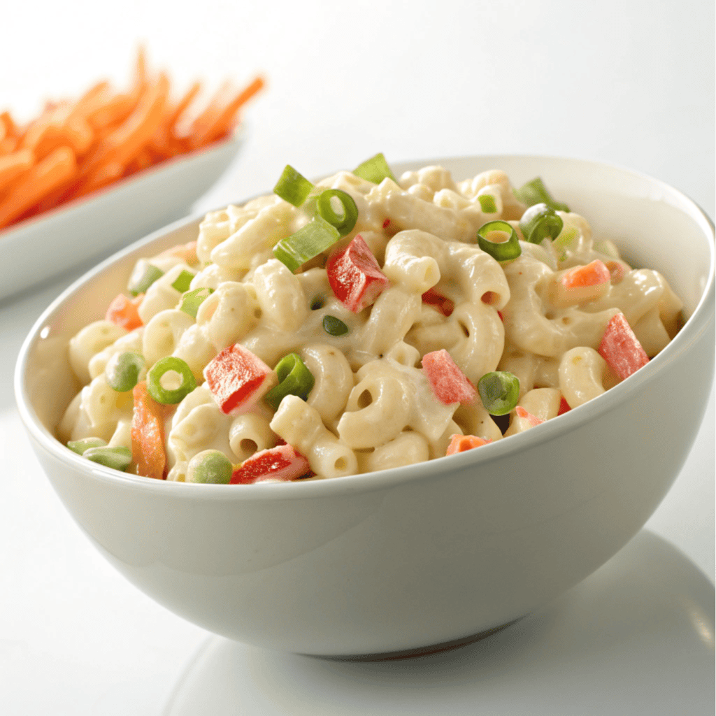 Creamy macaroni salad with vegetables served in a white bowl.