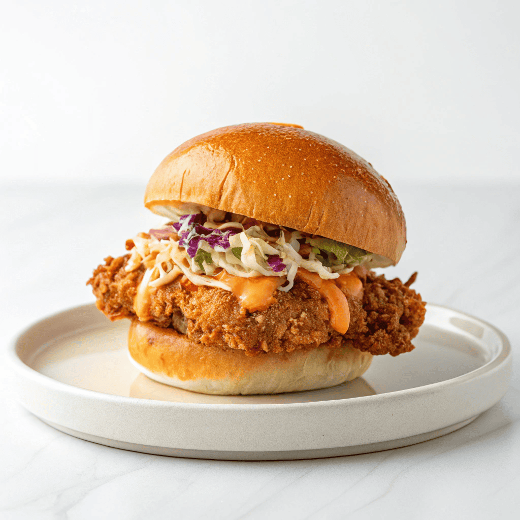 White plate Thai fried chicken sandwich with crispy chicken, slaw, and spicy mayo.