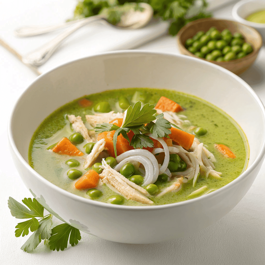 Best Aguadito de Pollo Soup Recipe 1 White bowl aguadito de pollo soup with green broth, chicken, vegetables, and cilantro.