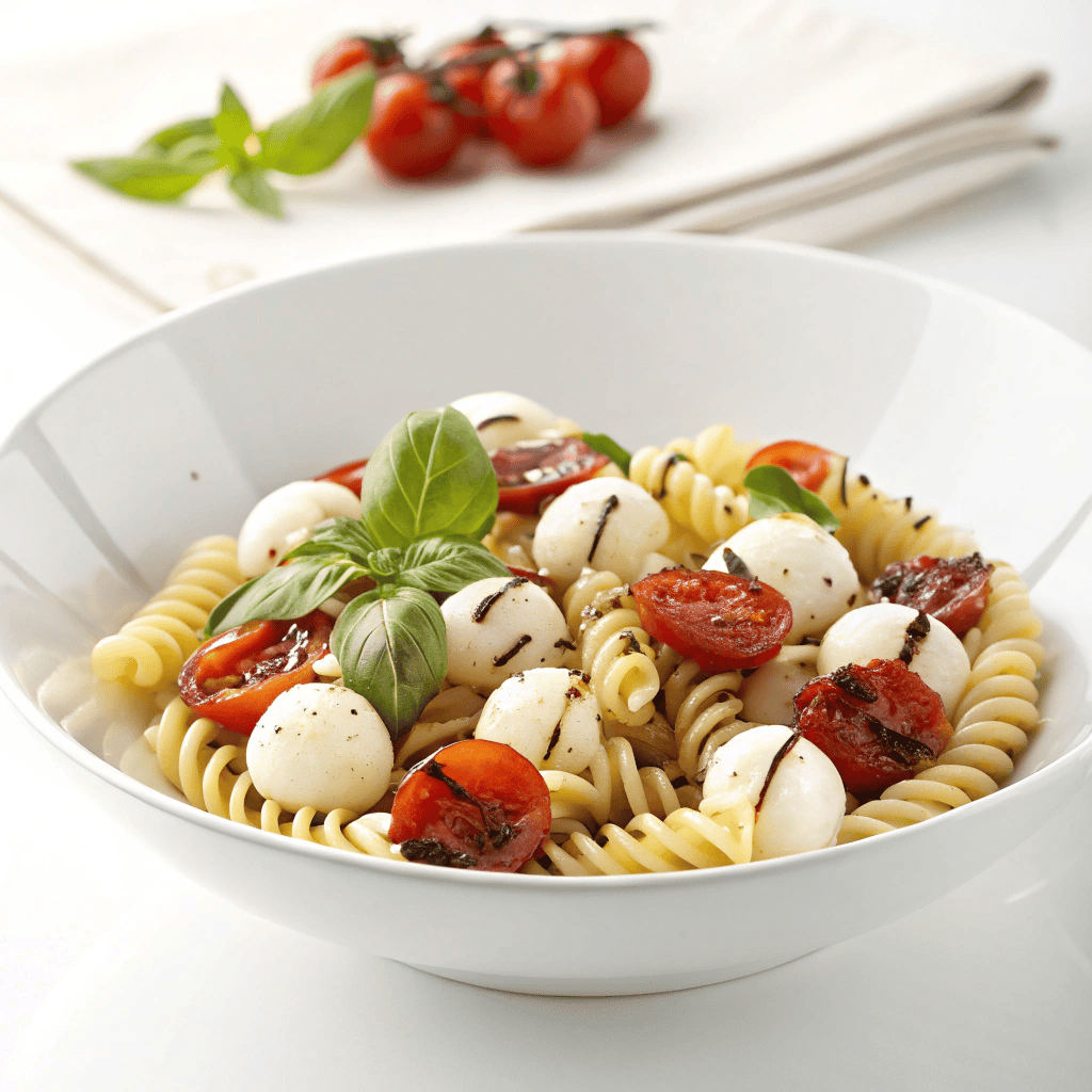 White bowl caprese pasta salad with rotini, mozzarella, tomatoes, basil, and balsamic drizzle.