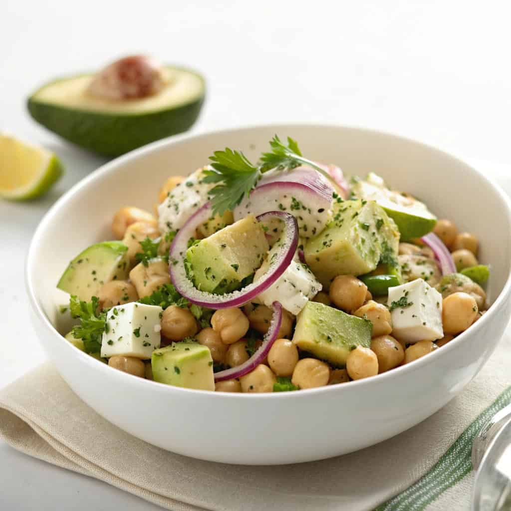 White bowl chickpea feta avocado salad with herbs and red onion.