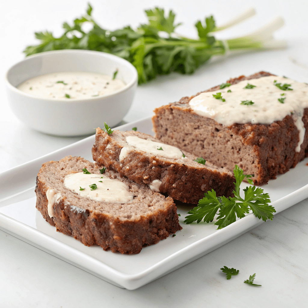 White plate garlic parmesan meatloaf with creamy sauce and parsley.