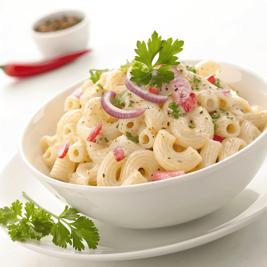 The Best Gordon Ramsay Macaroni Salad Recipe 1 White bowl creamy macaroni salad with peppers, onion, and smooth dressing.