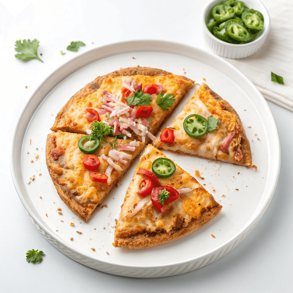 Best Low-Carb Keto Chicken Mexican Pizza Recipe 1 White plate keto chicken Mexican pizza slice with melted cheese and jalapeños.