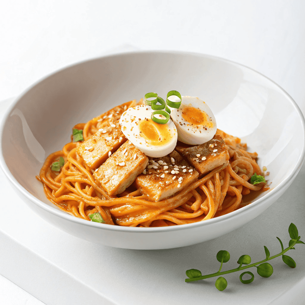 White bowl Korean ssamjang pasta with creamy noodles, tofu, egg, and green onions.