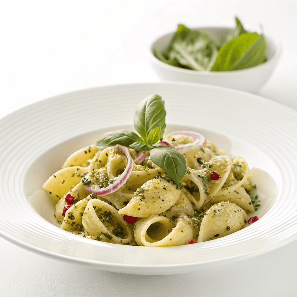 White bowl lemon basil pasta salad with creamy green herb sauce.