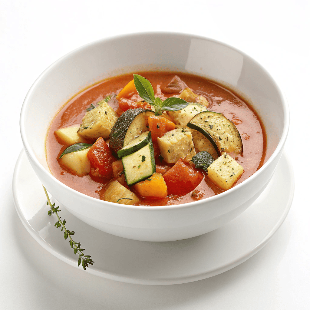 White bowl ratatouille soup with chunky vegetables in tomato broth.