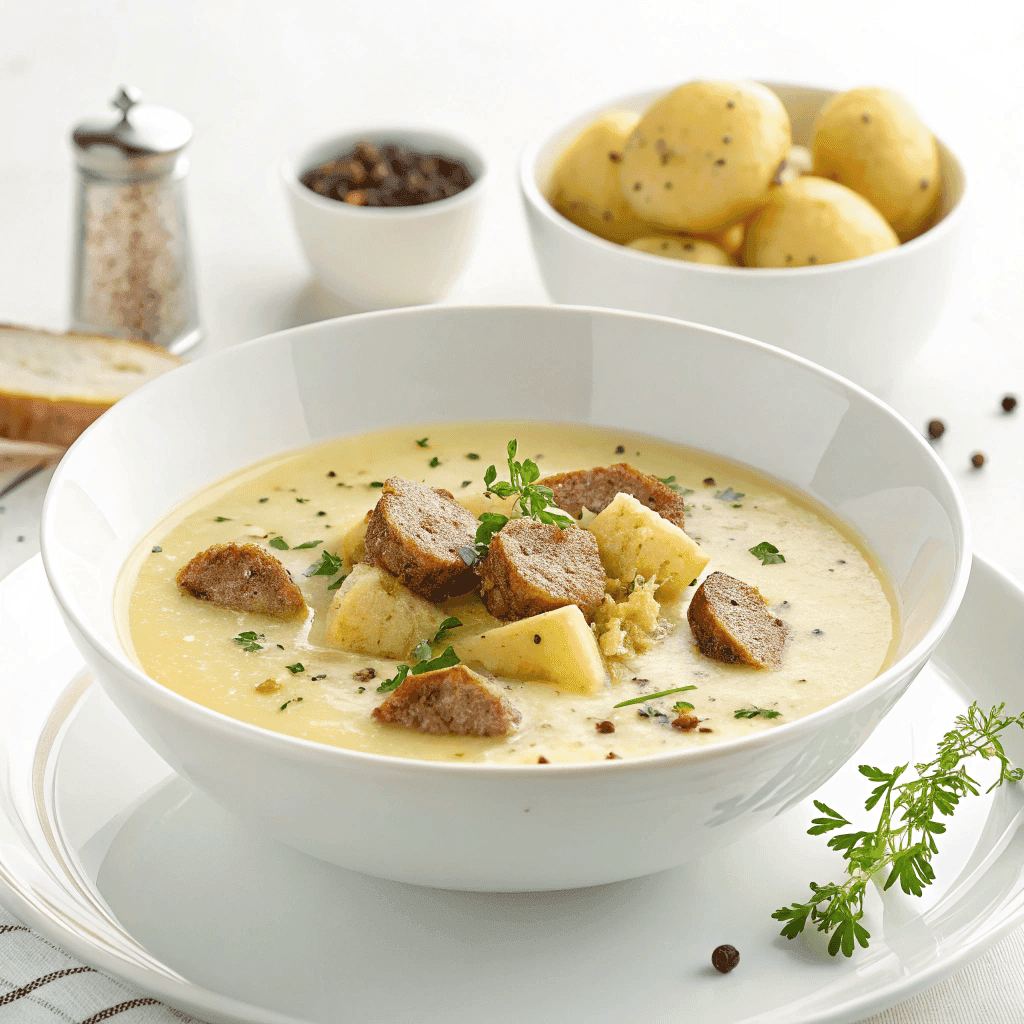 White bowl creamy sausage potato soup with potato chunks and sausage crumbles.