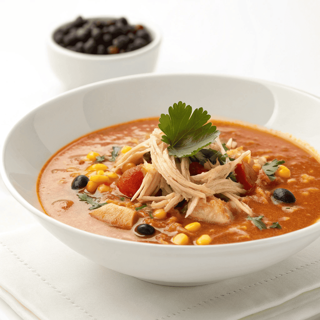White bowl chicken tortilla soup with shredded chicken, beans, corn, and tomato broth.