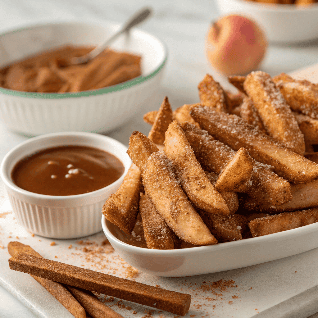 Plate full of cinnamon sugar apple fries served with caramel dipping sauce