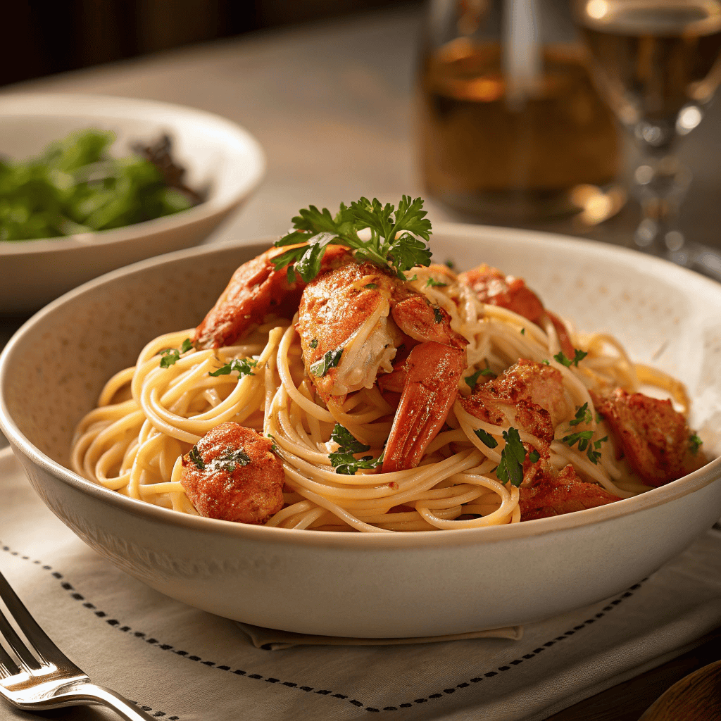 Bowl of lobster pasta with linguine and butter sauce