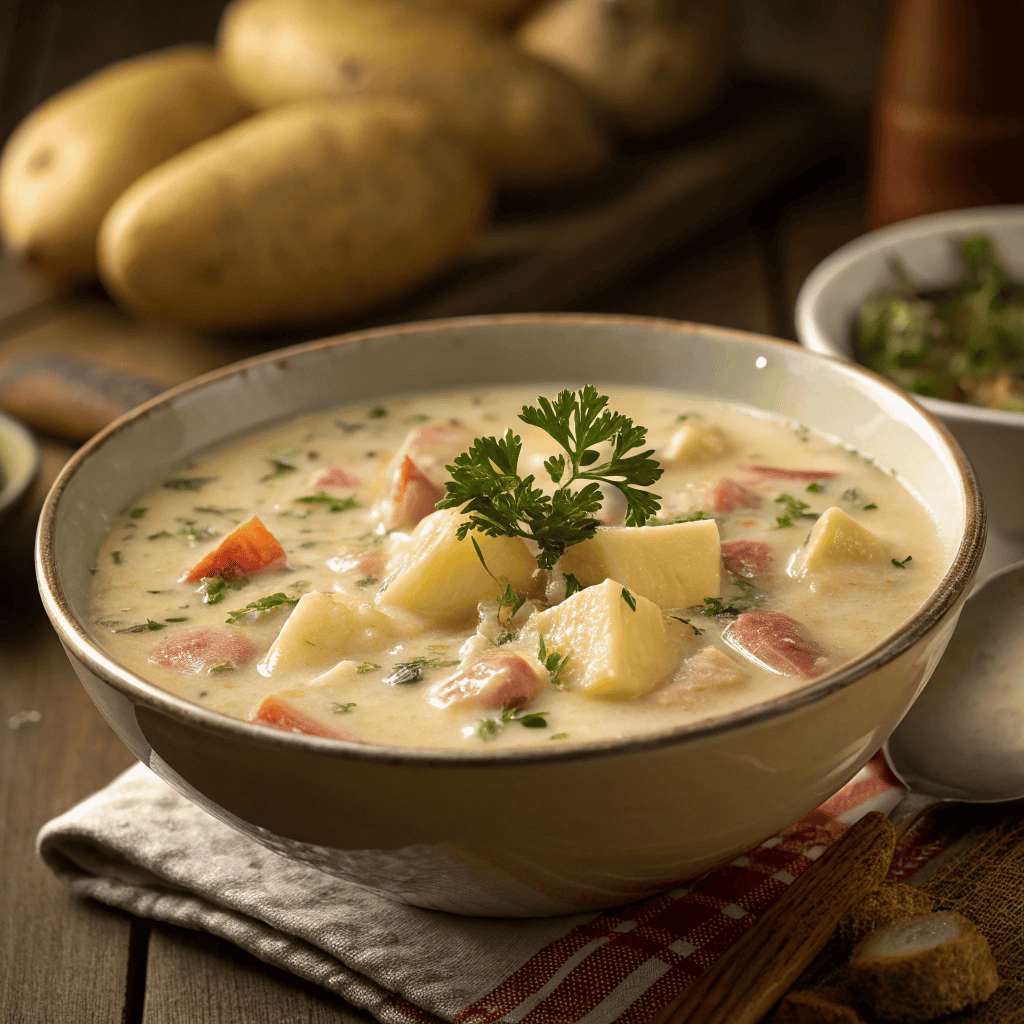 Bowl of traditional German potato soup with creamy texture and potato chunks