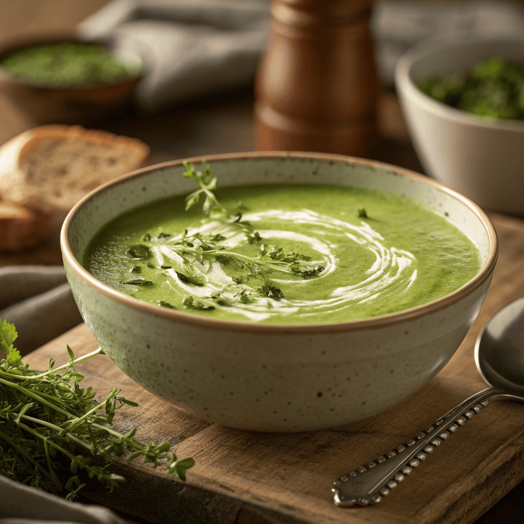Bowl of creamy green goddess soup with fresh herbs and cream swirl