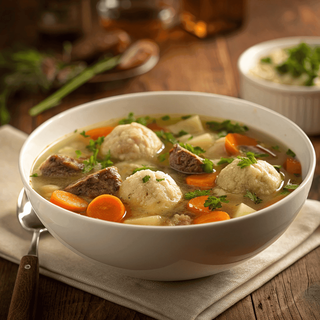 Bowl of traditional German dumpling soup with beef and vegetables