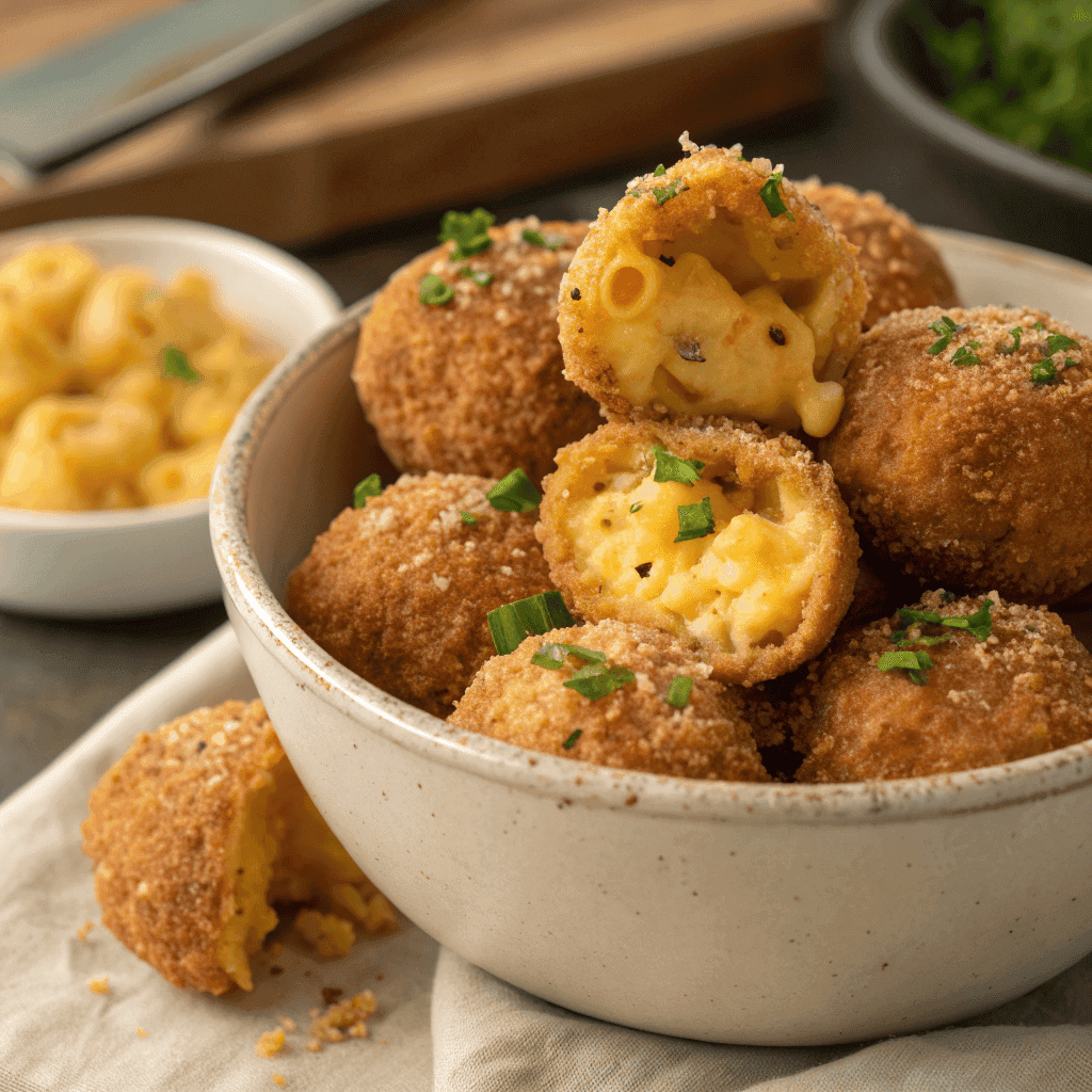 Bowl of crispy air fryer mac and cheese balls with melted cheese inside