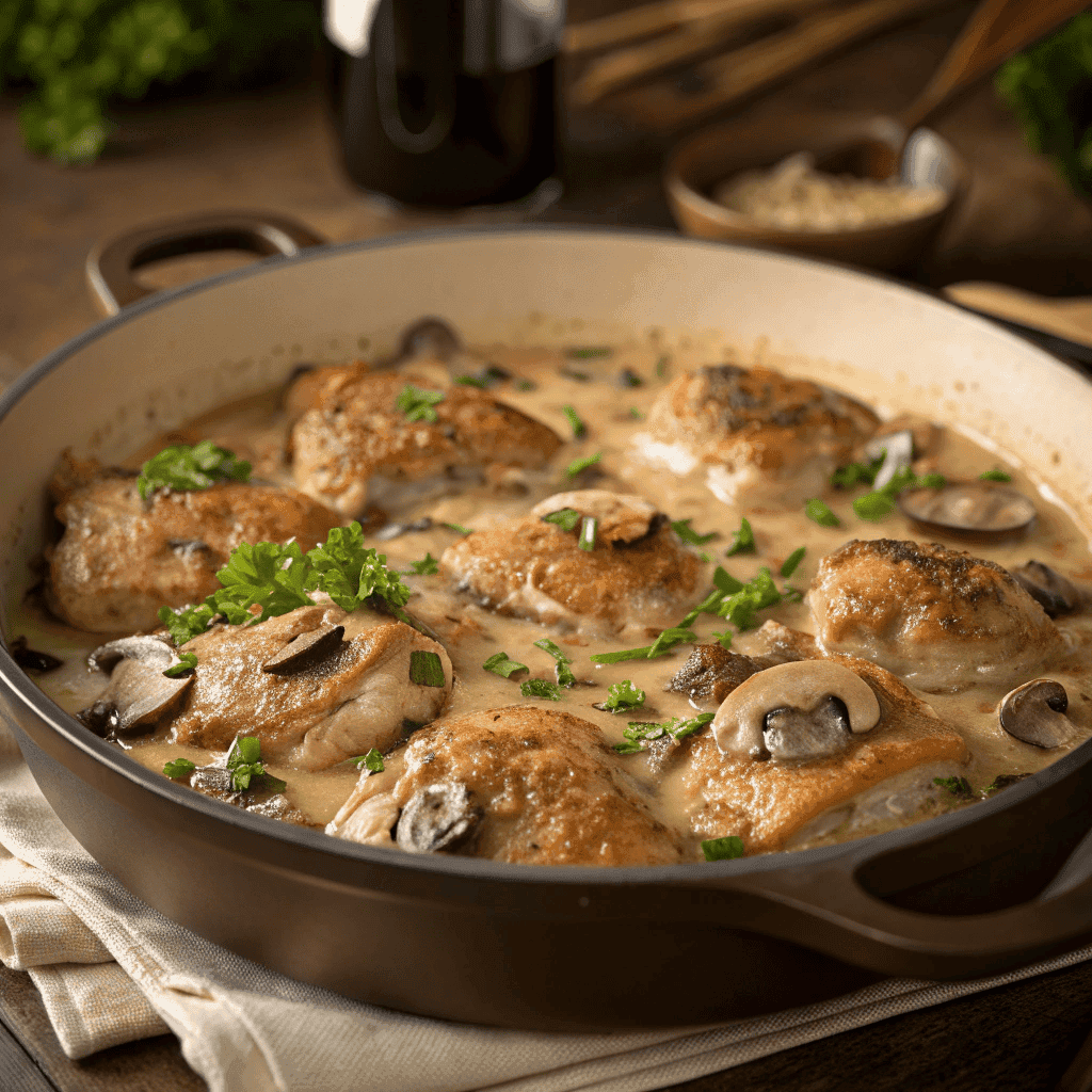 Skillet filled with French chicken casserole in creamy mushroom sauce