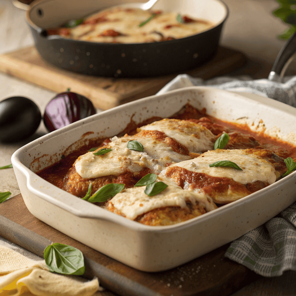 Family-style baked chicken Sorrentino in marinara with melted mozzarella