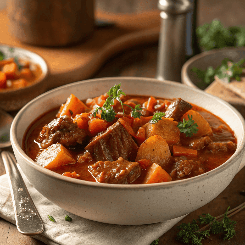 Bowl of hearty German goulash with beef, potatoes, and carrots