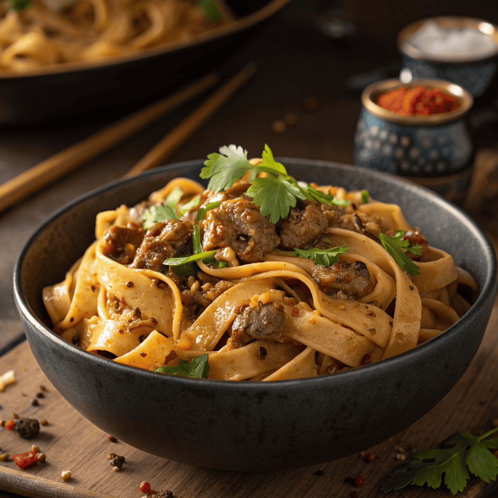 Bowl of cumin lamb noodles with wide noodles and spiced lamb pieces