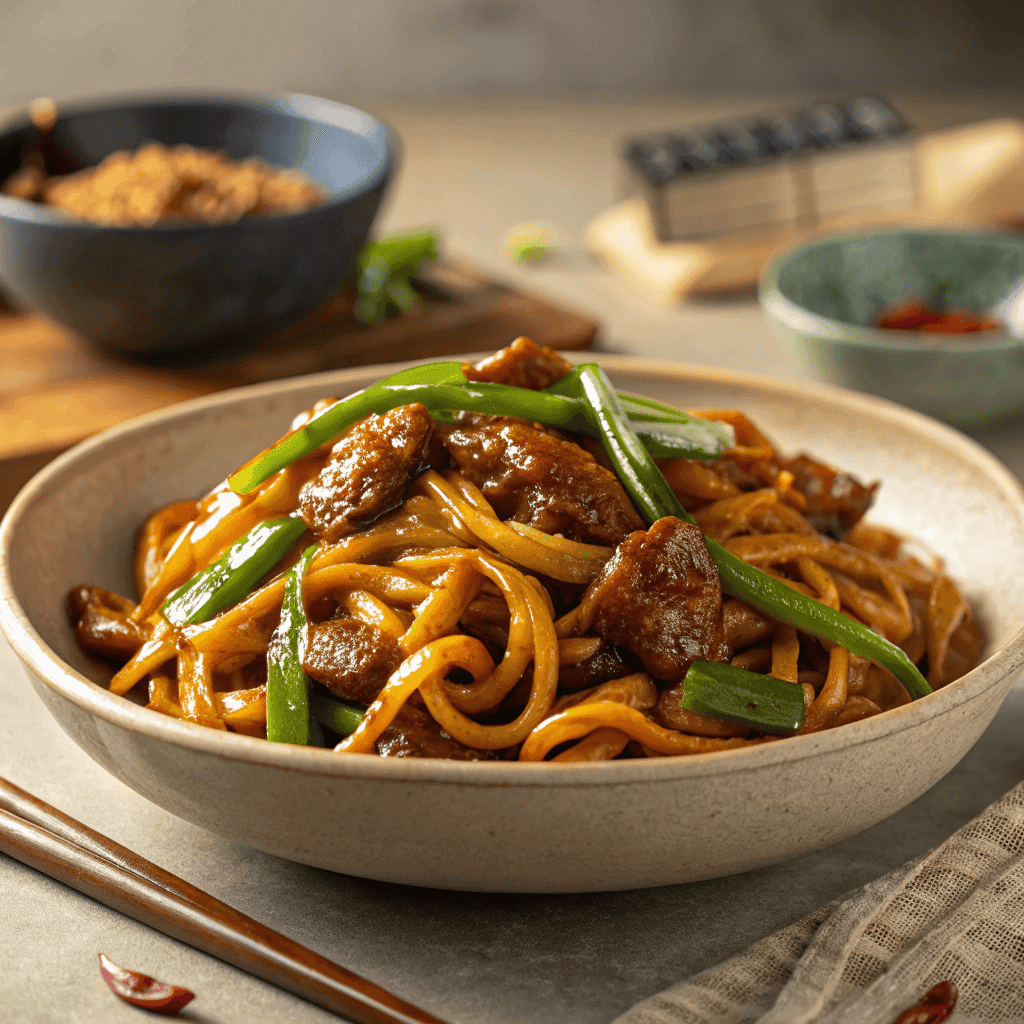 Bowl of Shanghai fried noodles with pork and greens