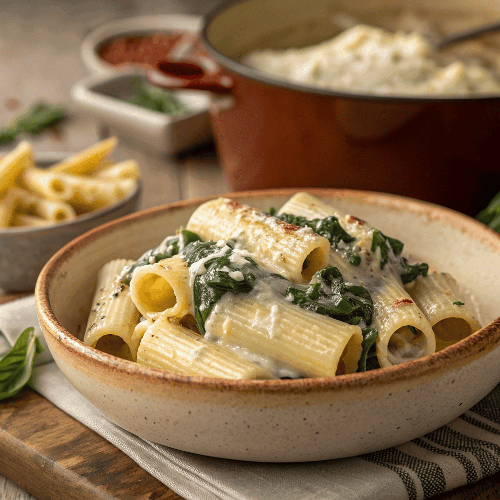 Bowl of creamy rigatoni pasta with ricotta sauce and spinach