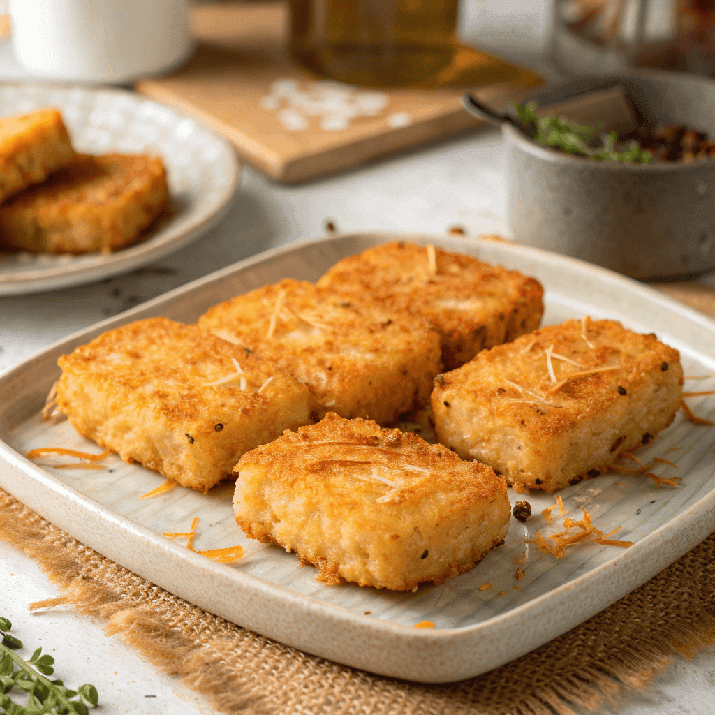 Plate of crispy golden frozen hash brown patties cooked in an air fryer