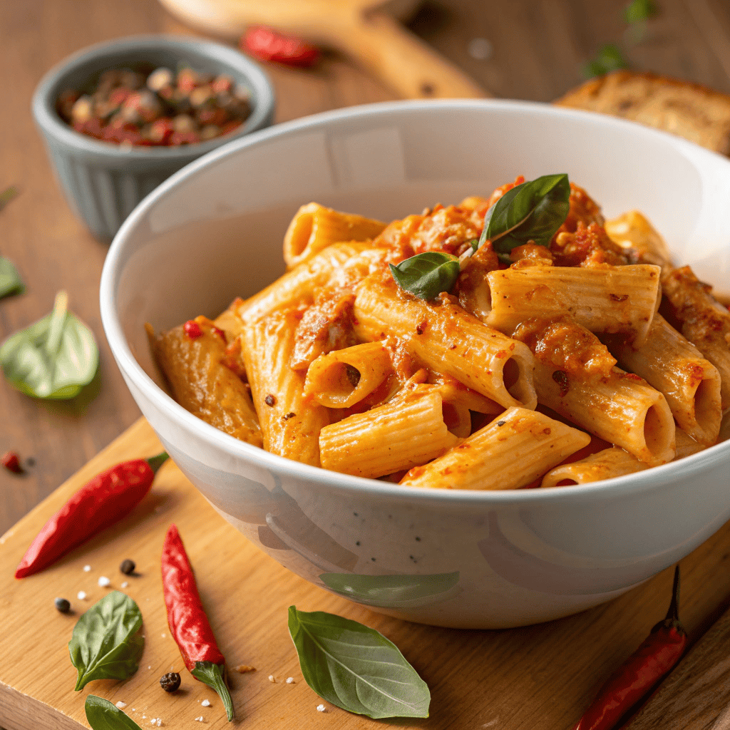 Full serving of Carbone-style spicy vodka rigatoni in a white bowl on wooden table