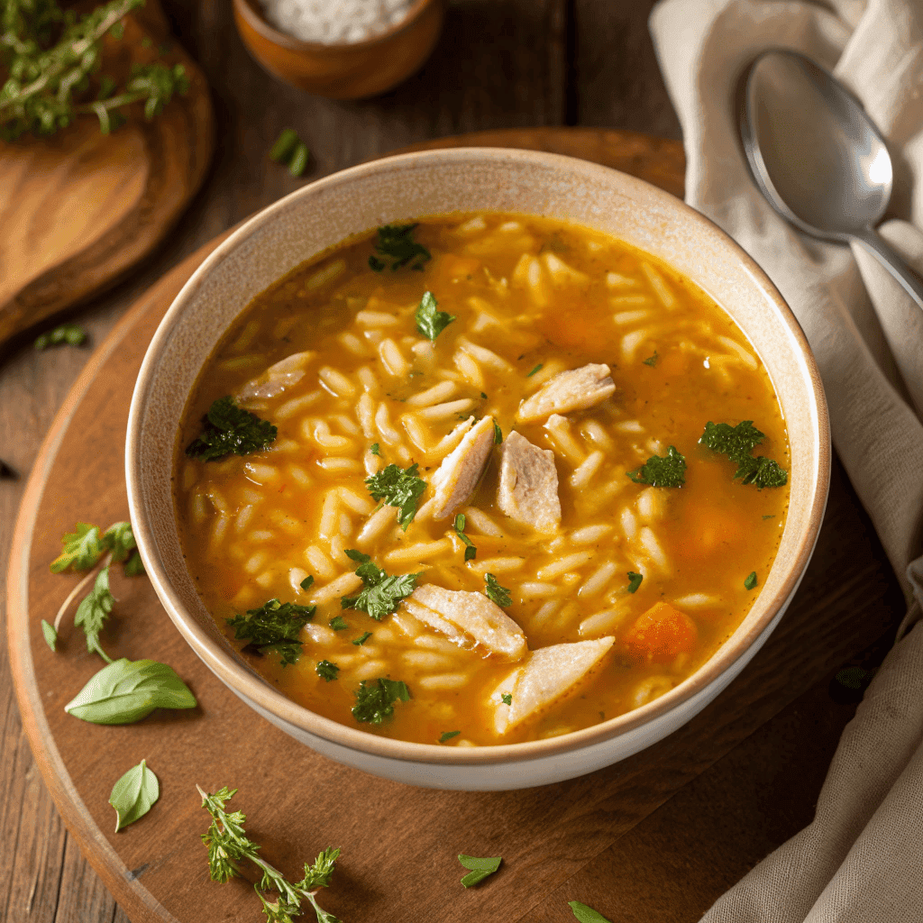 talian penicillin soup with orzo pasta in golden chicken broth