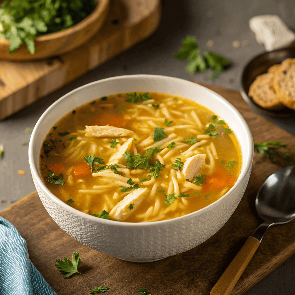 Orzo soup in golden broth served in a minimalist white bowl