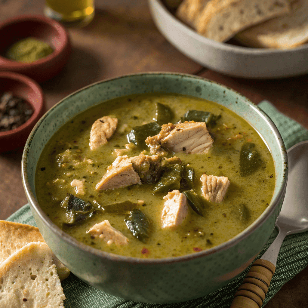 Creamy green roasted poblano chicken soup served simply