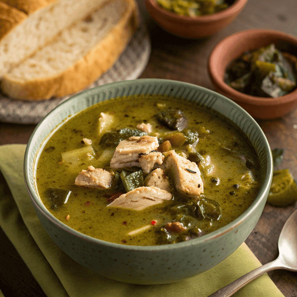 Hearty bowl of creamy roasted poblano chicken soup