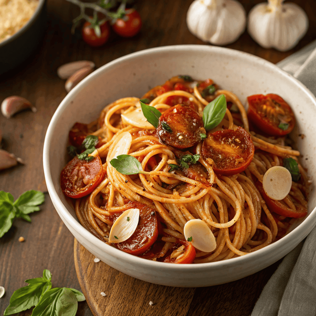 Full serving of spaghetti with roasted tomatoes and herbs in white bowl