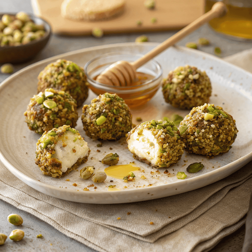 Pistachio Crusted Brie Bites – Elegant Appetizer with Honey and Rosemary 2 Full serving of pistachio crusted brie bites with honey