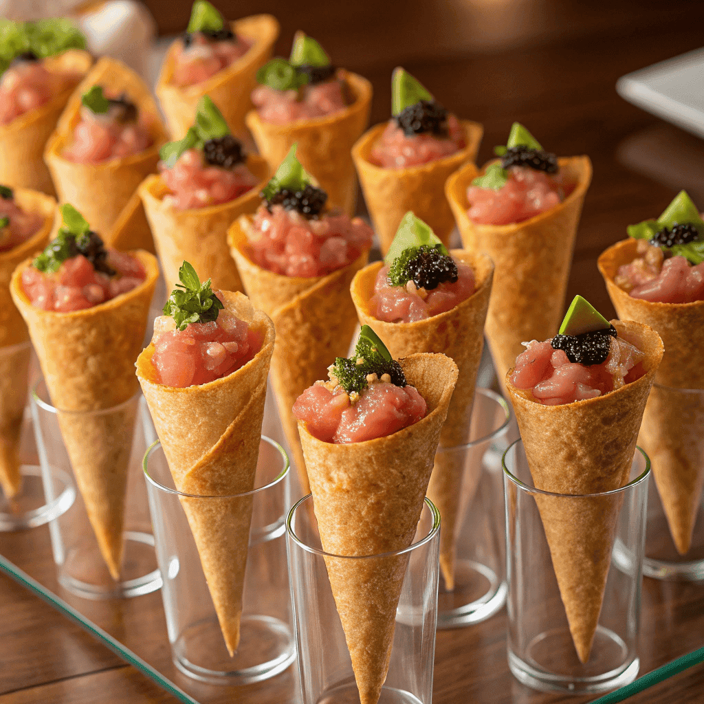 Full serving of sushi wonton cones filled with tuna and avocado