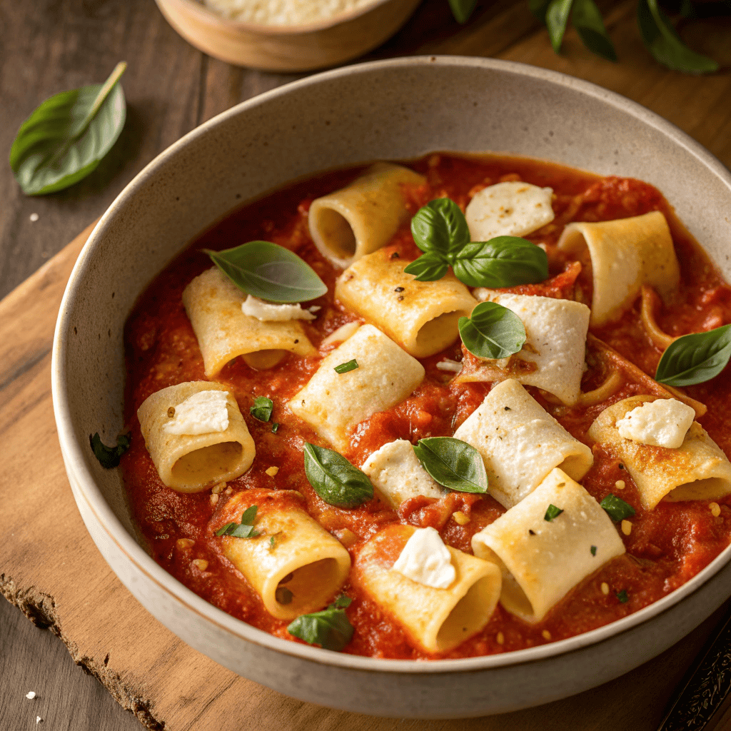 Full serving of baked pasta alla Sorrentina with mozzarella and basil