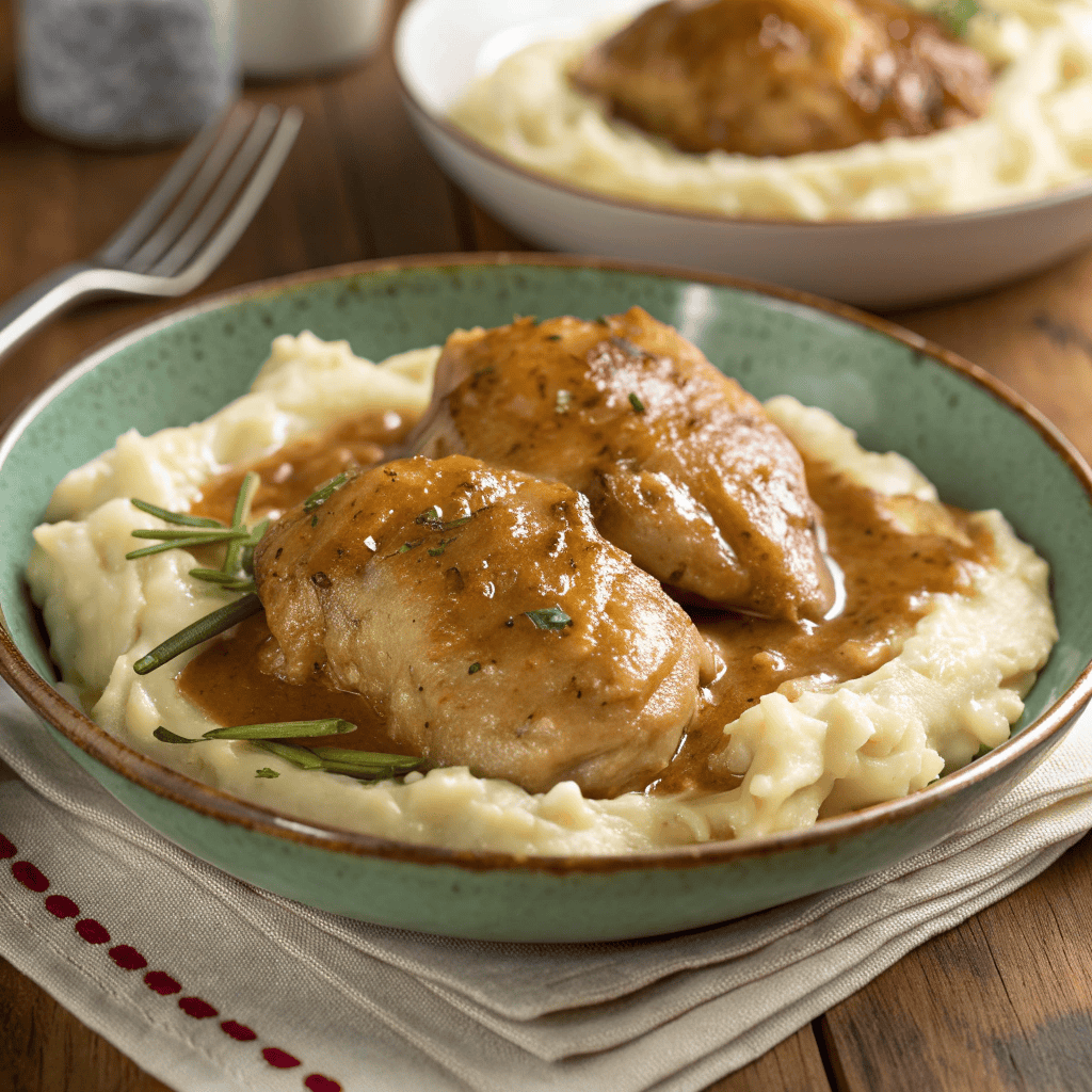 Smothered chicken thighs with gravy plated simply on white dish
